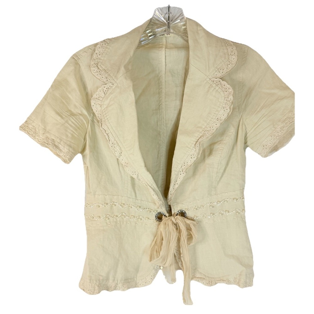 Vintage Y2K Linen Blend Lace Trim Tie Front Blouse Cream Boho Cottagecore Twee S